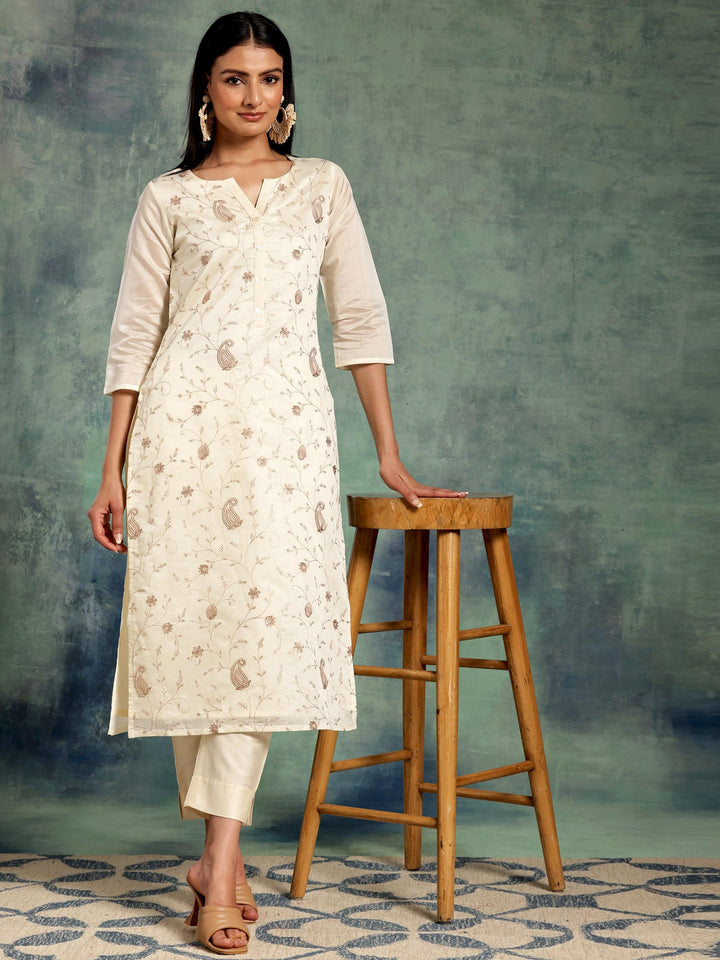 Off White Embroidered Chanderi Silk Straight Kurta - Libas