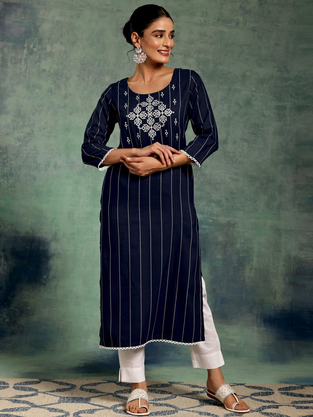 Blue Embroidered Silk Straight Kurta - Libas 