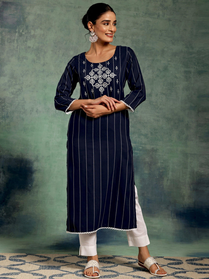 Blue Embroidered Silk Straight Kurta - Libas