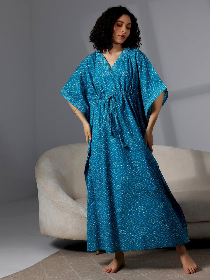 Blue Printed Cotton Kaftan Night Dress - Libas