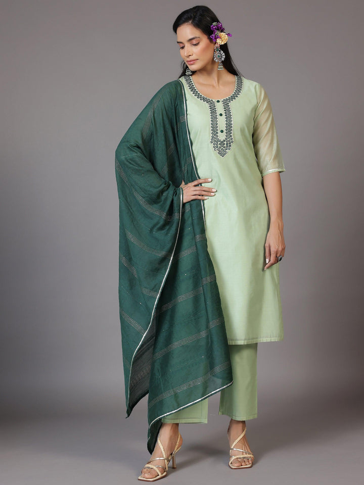 Green Yoke Design Chanderi Silk Straight Kurta With Trousers & Dupatta - Libas