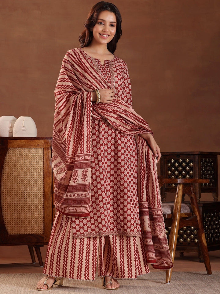 Maroon Printed Cotton Straight Suit With Dupatta - Libas