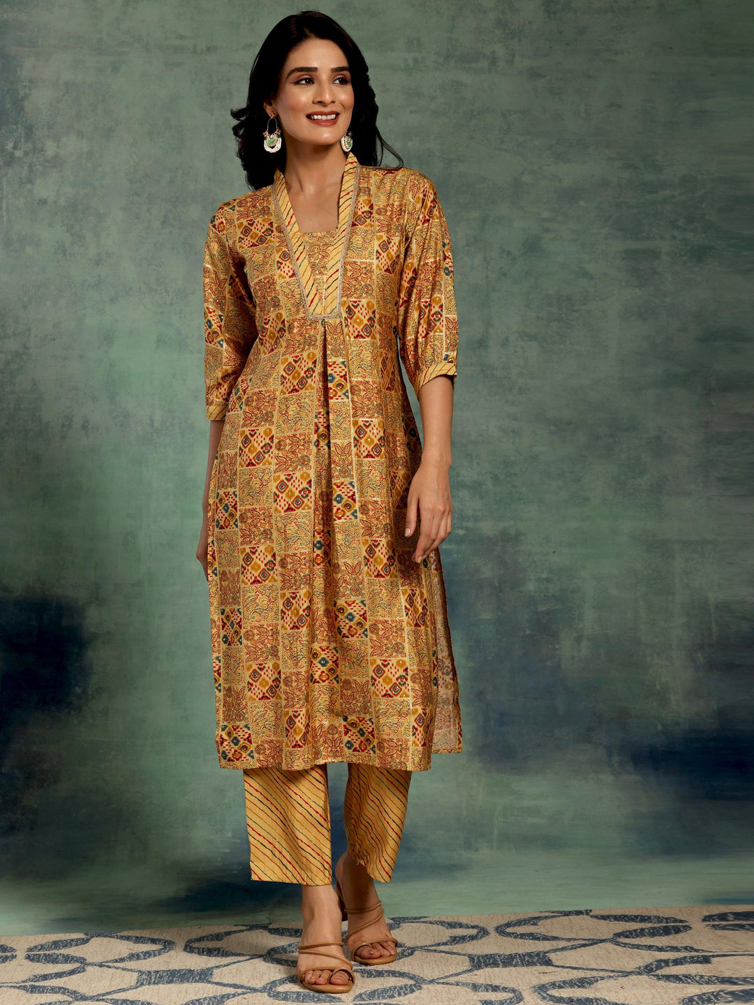 Yellow Printed Silk Blend Straight Kurta Set - Libas