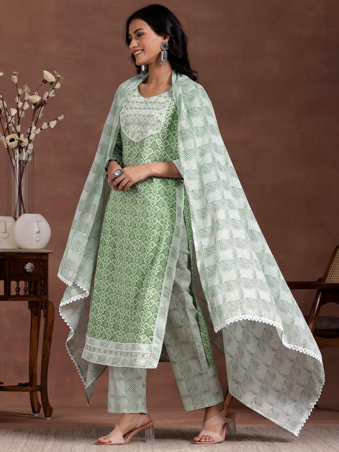 Green Printed Cotton Straight Suit With Dupatta - Libas