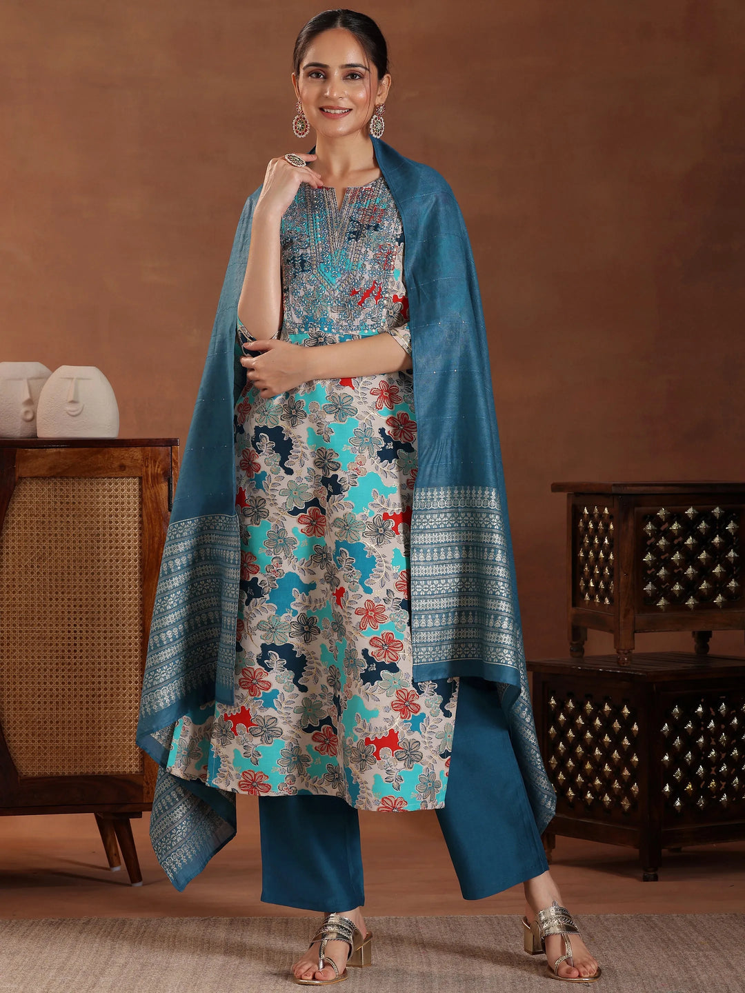 Blue Printed Silk Blend Straight Suit With Dupatta