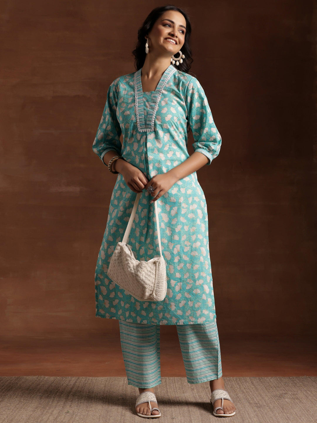 Green Printed Cotton Straight Kurta Set - Libas 