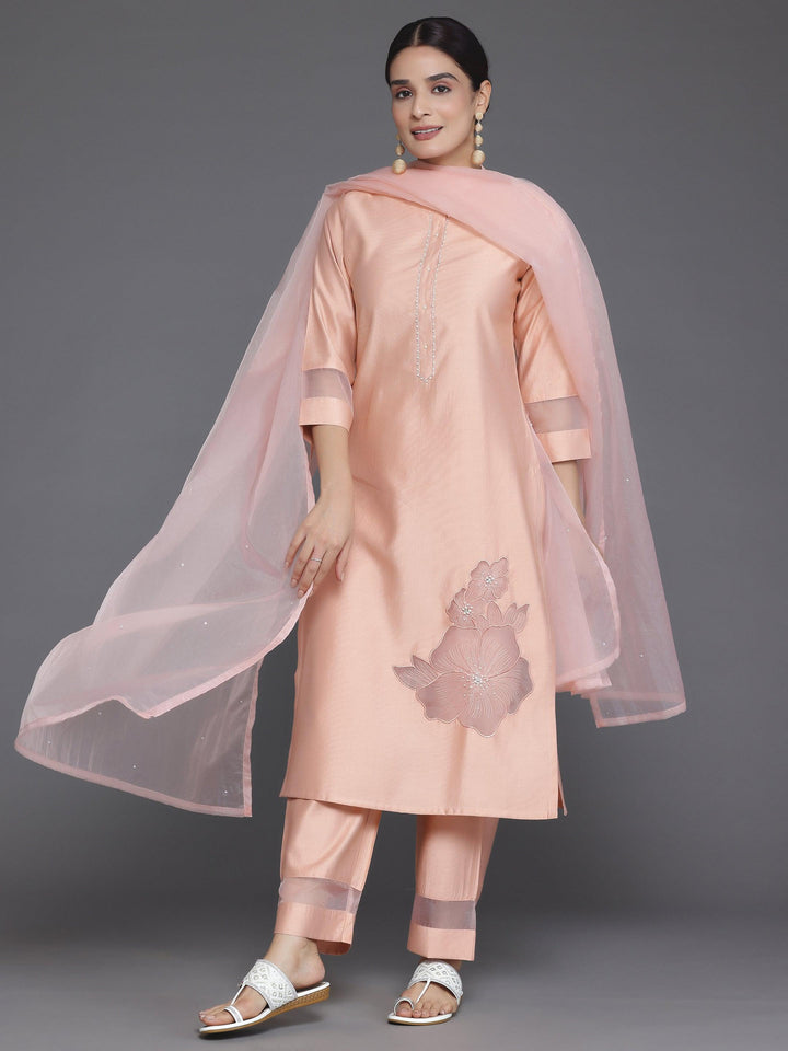 Peach Solid Silk Blend Straight Suit With Dupatta - Libas