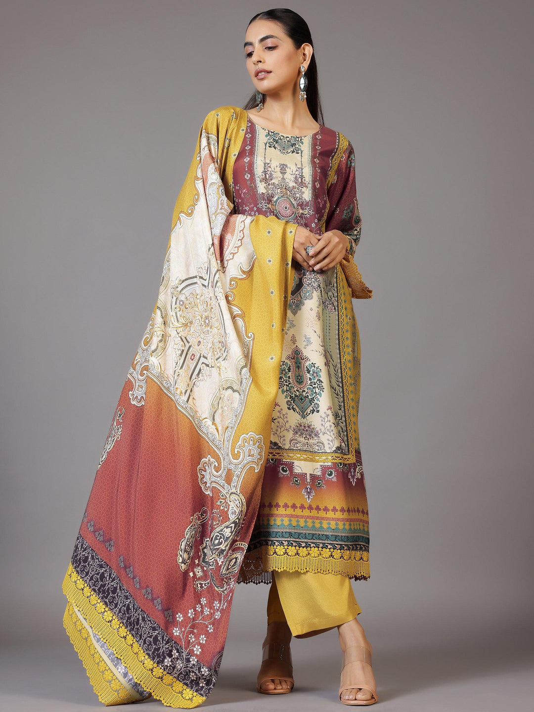 Mustard Printed Silk Blend Straight Suit With Dupatta - Libas 