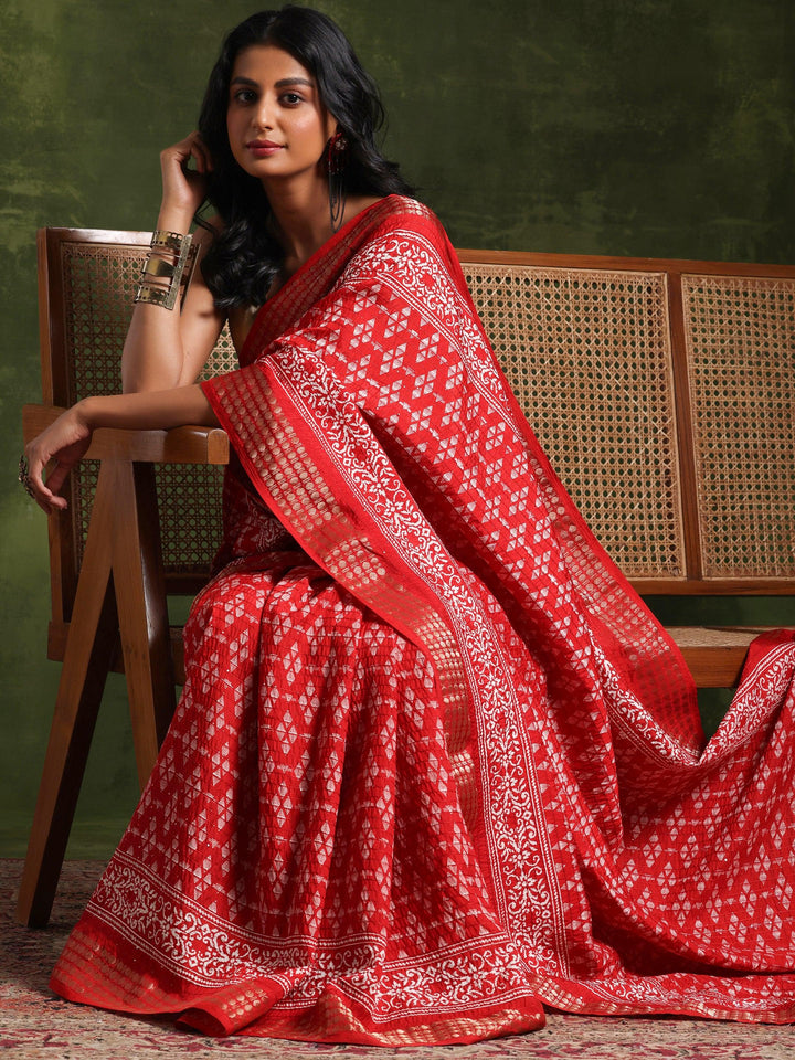 Red Printed Silk Blend Saree With Unstitched Blouse Piece - Libas