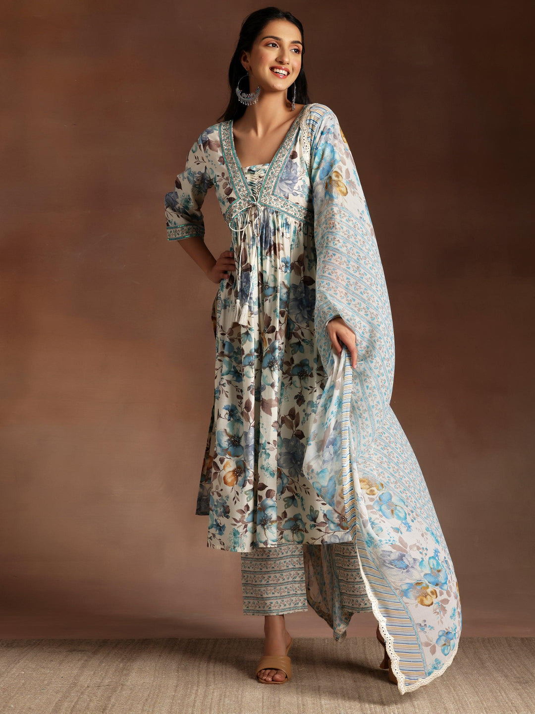 Off white Printed Silk Blend A-Line Kurta With Palazzos & Dupatta - Libas 