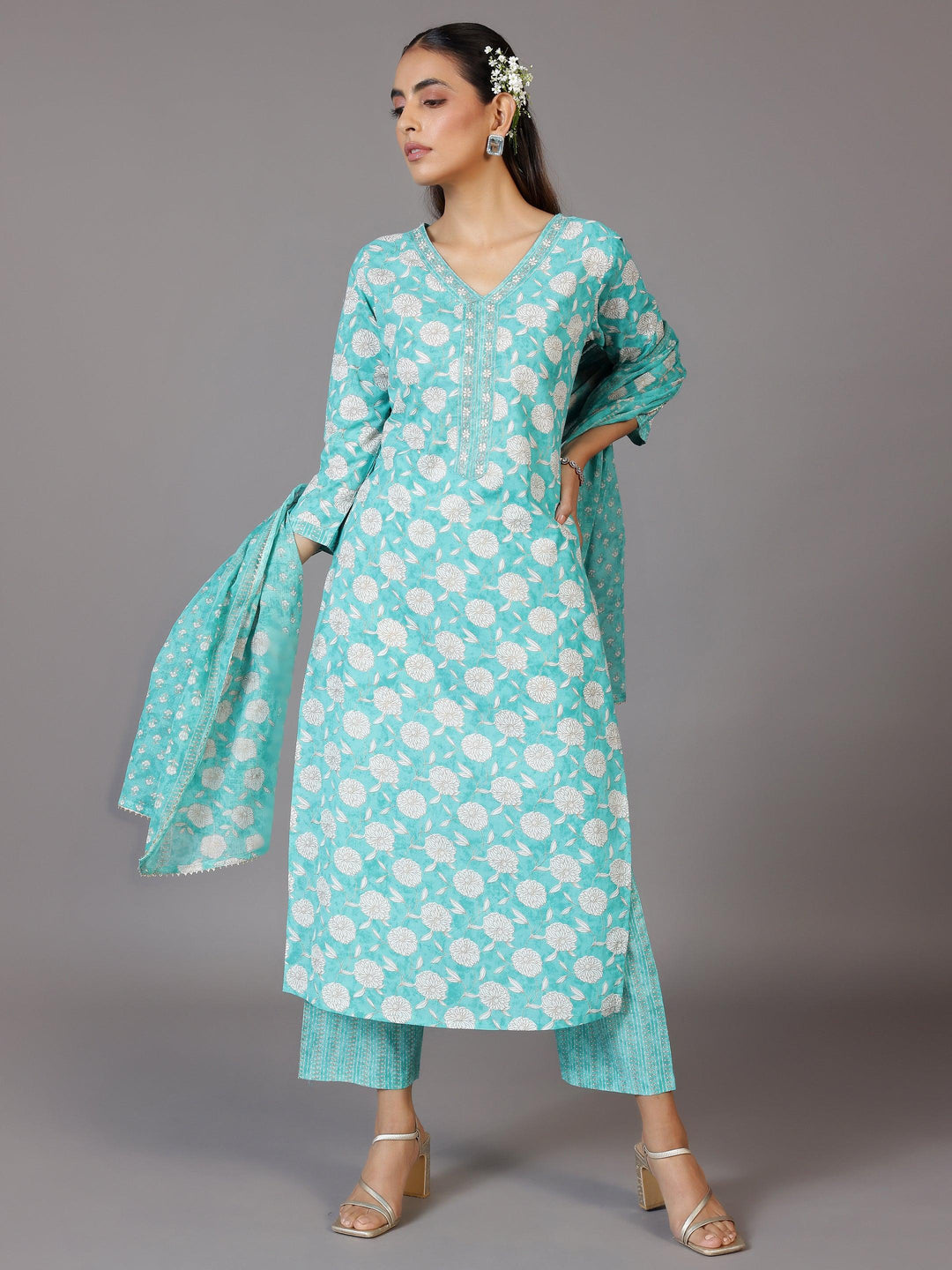 Turquoise Printed Cotton Straight Suit With Dupatta - Libas 