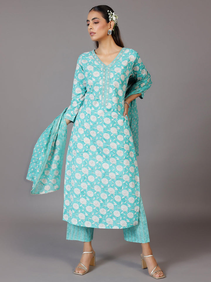 Turquoise Printed Cotton Straight Suit With Dupatta - Libas