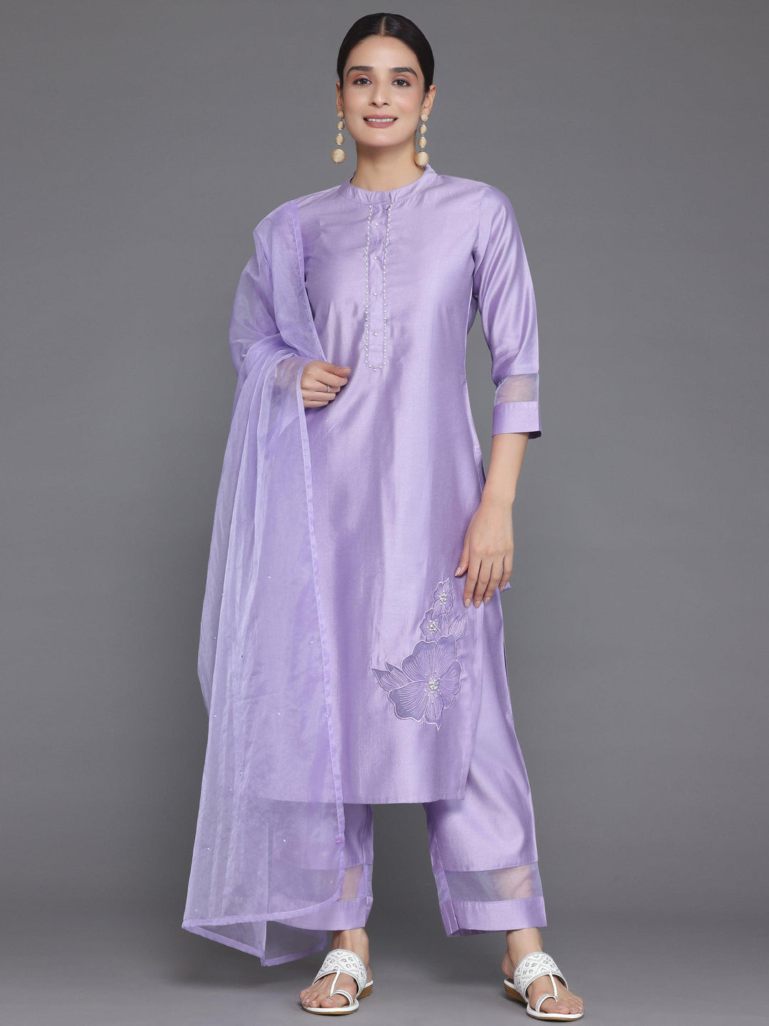 Lavender Solid Silk Blend Straight Suit With Dupatta - Libas