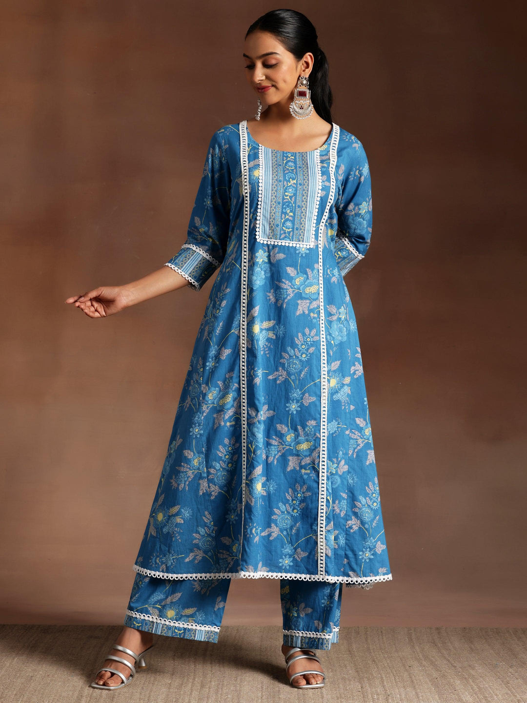 Blue Printed Cotton A-Line Kurta With Palazzos - Libas 