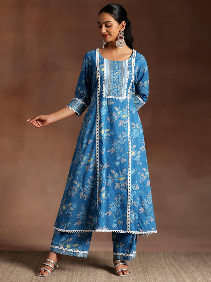 Blue Printed Cotton A-Line Kurta With Palazzos - Libas