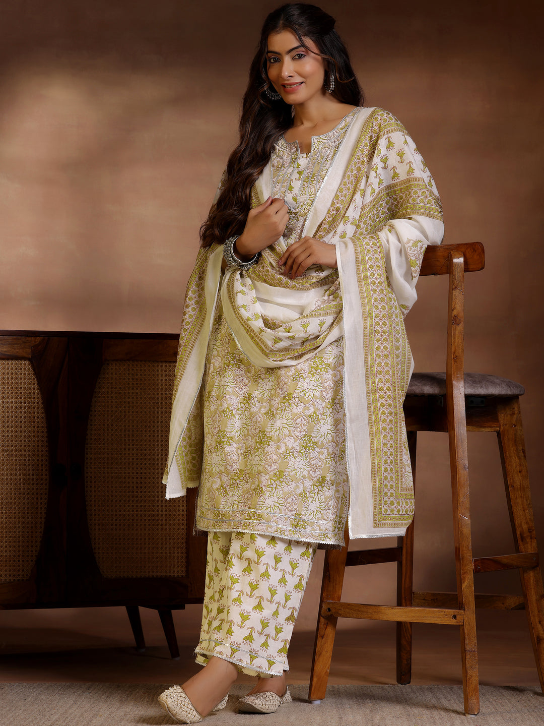  Beige Printed Cotton Straight Suit With Dupatta 