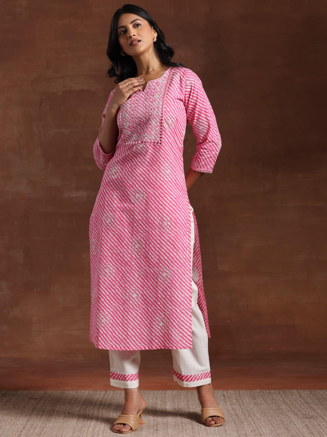 Pink Printed Cotton Straight Kurta Set - Libas 