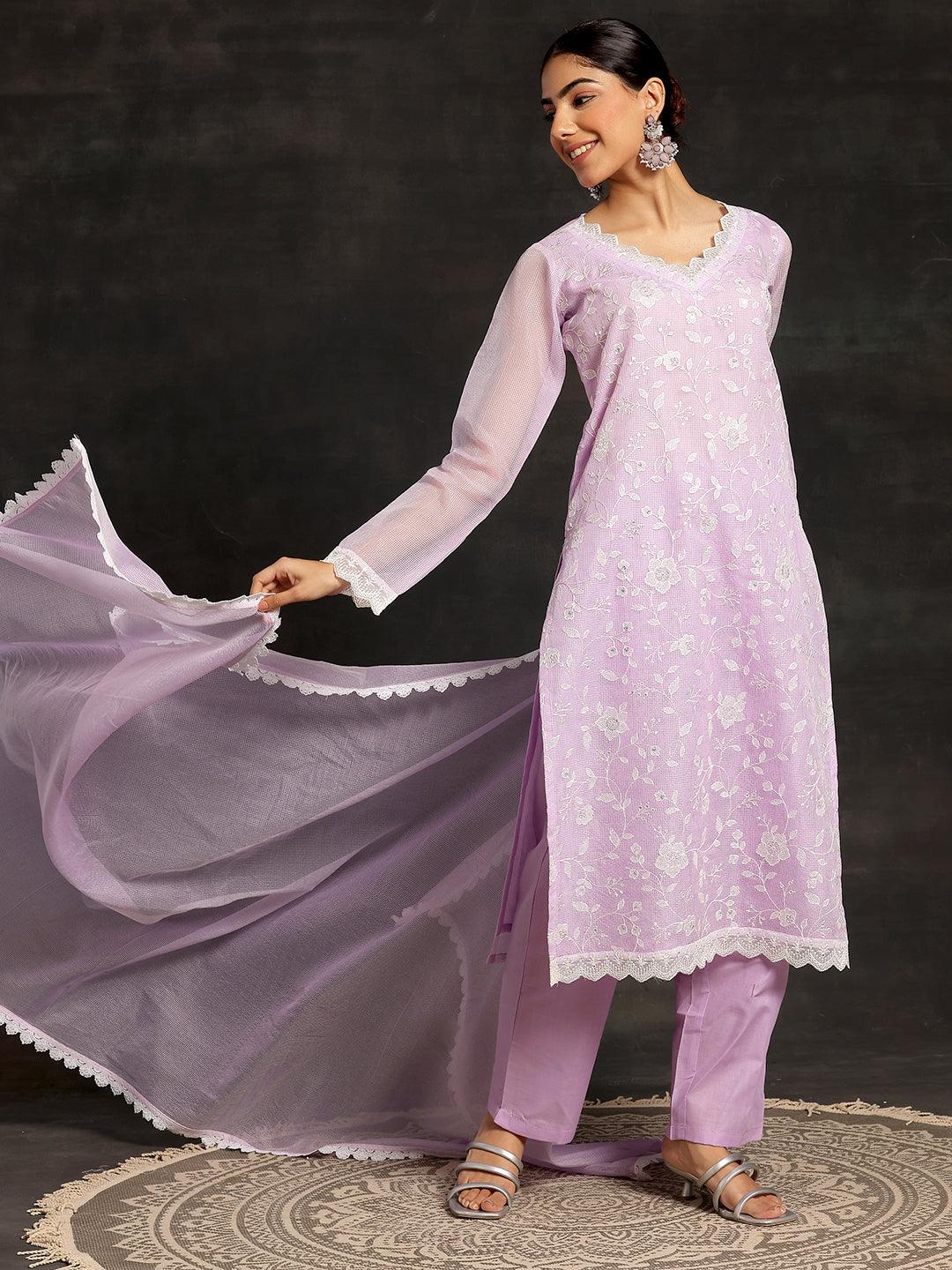 Lavender Embroidered Cotton Straight Suit With Dupatta - Libas 