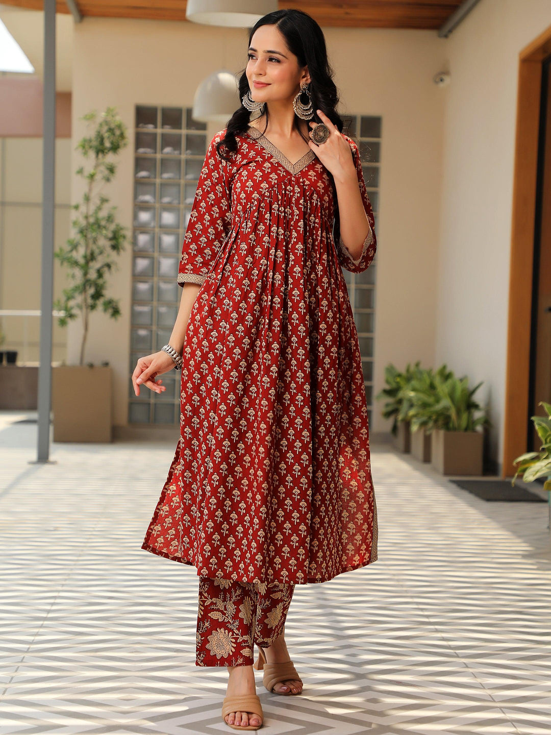 Rust Printed Cotton A-Line Kurta With Palazzos - Libas