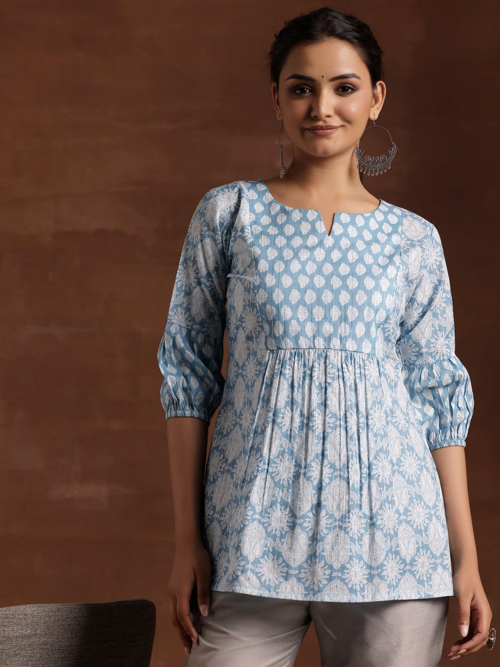 Blue Printed Cotton Straight Kurti - Libas