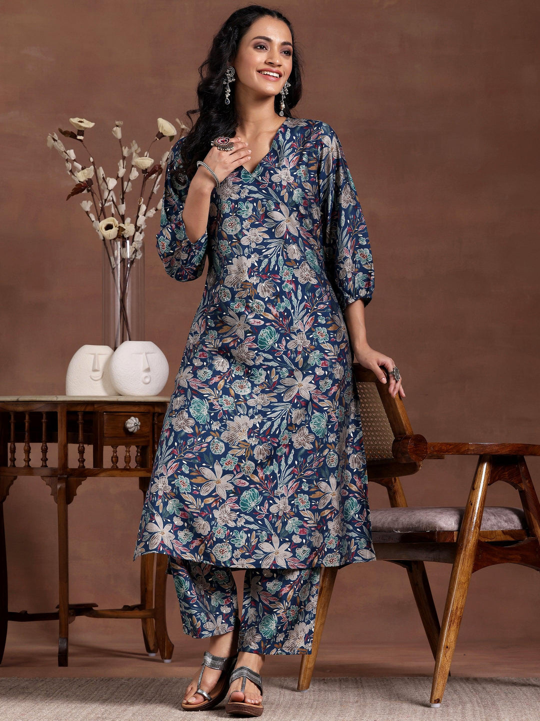 Blue Printed Silk Blend Co-Ords - Libas 