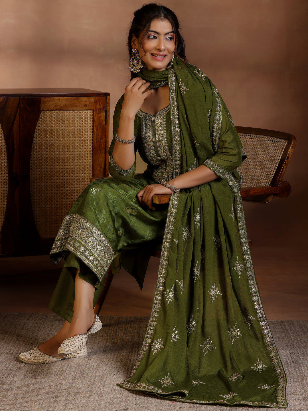  Olive Woven Design Silk Blend Straight Suit With Dupatta 