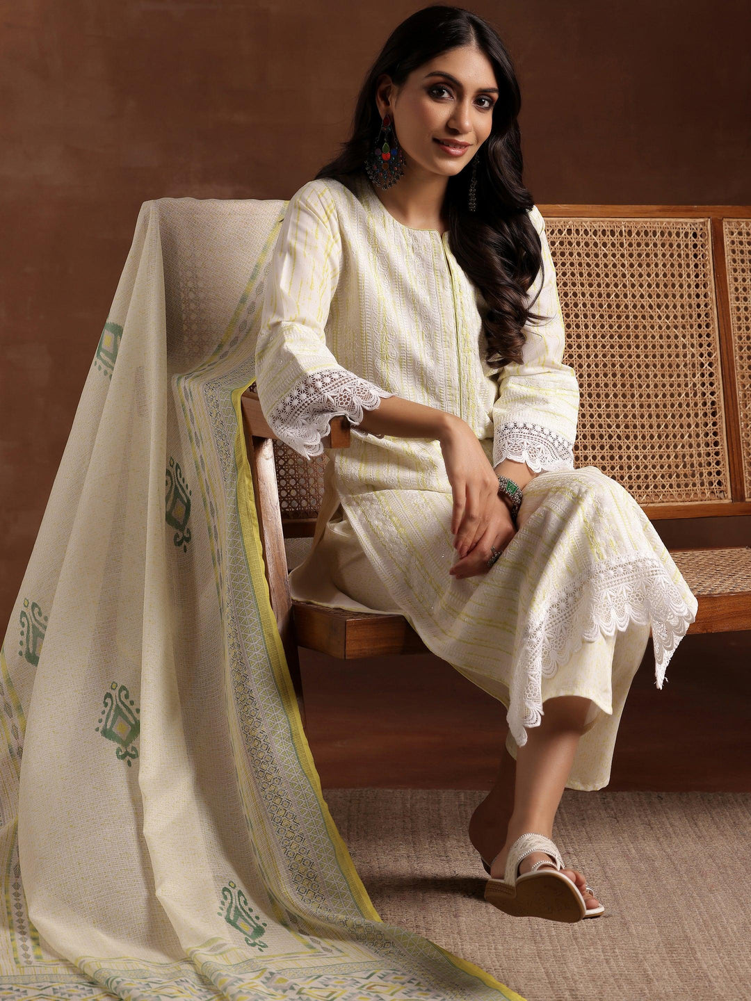 Off White Embroidered Cotton Blend Straight Suit With Dupatta - Libas 