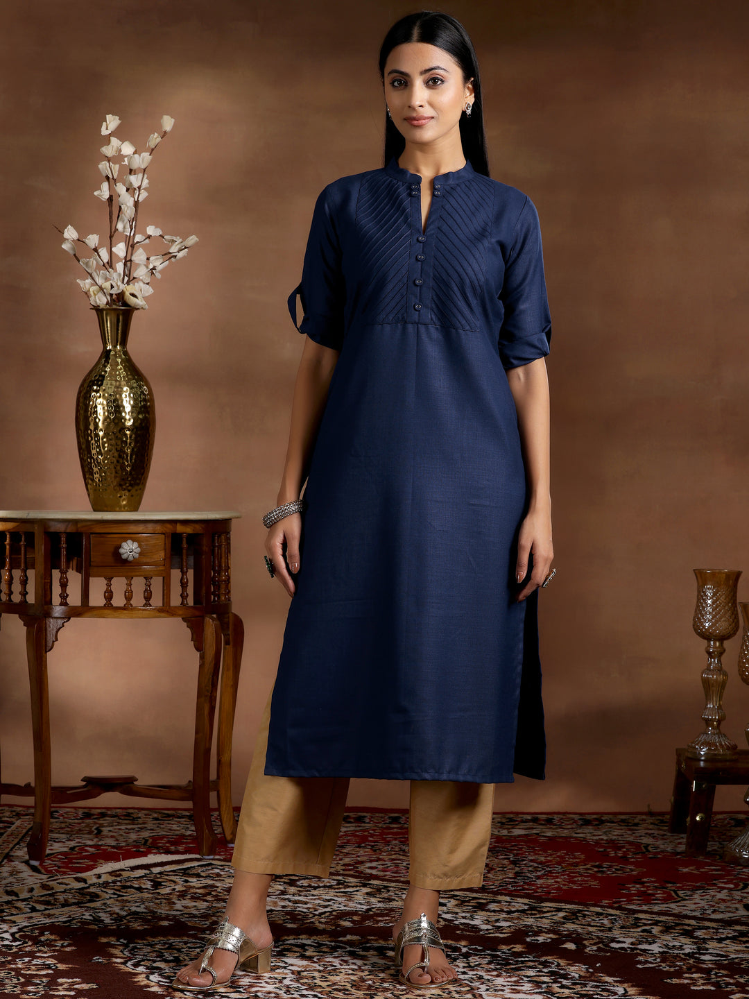  Blue Solid Cotton Blend Straight Kurta 