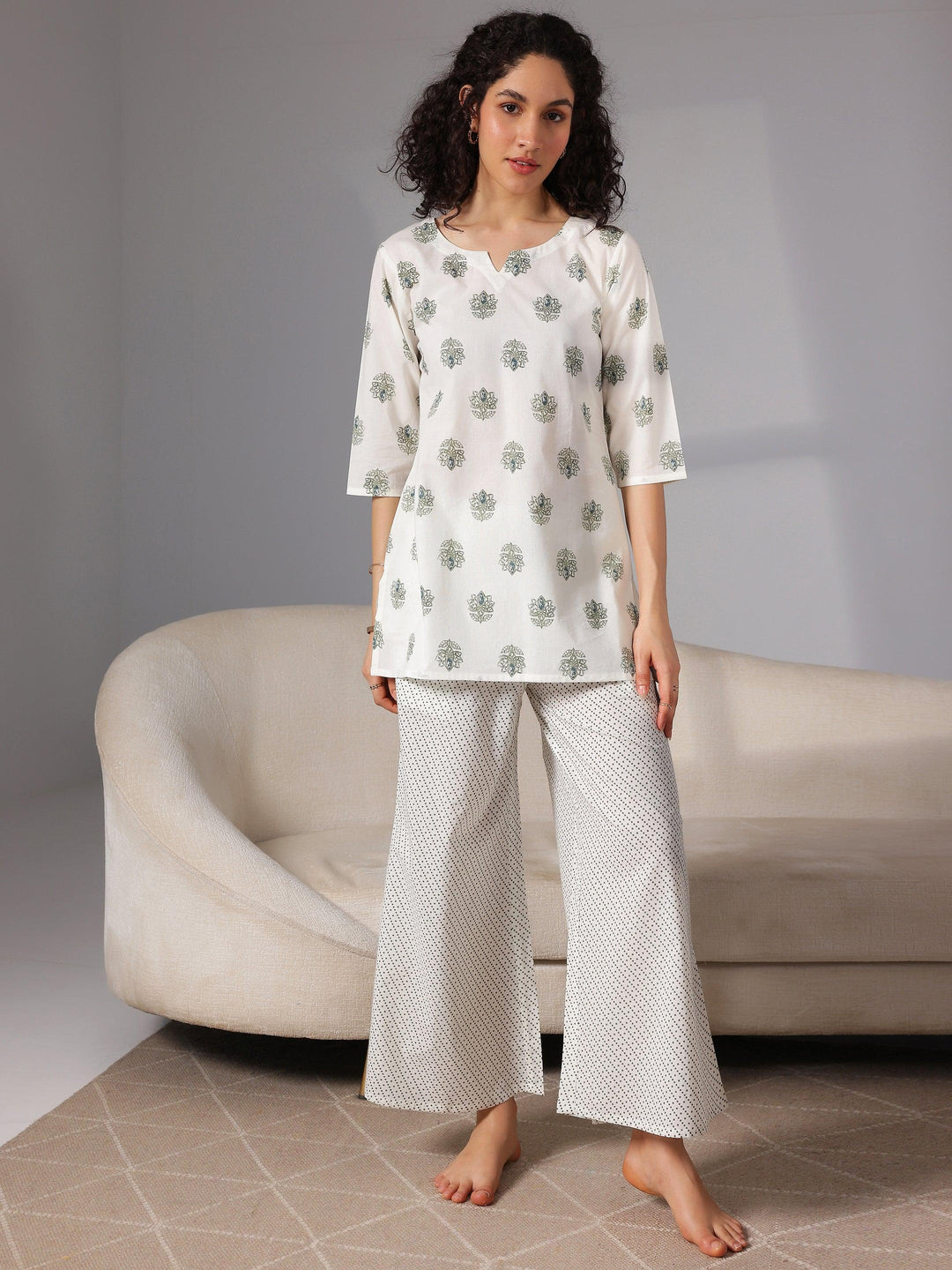 Cream Printed Cotton Night Suits - Libas 