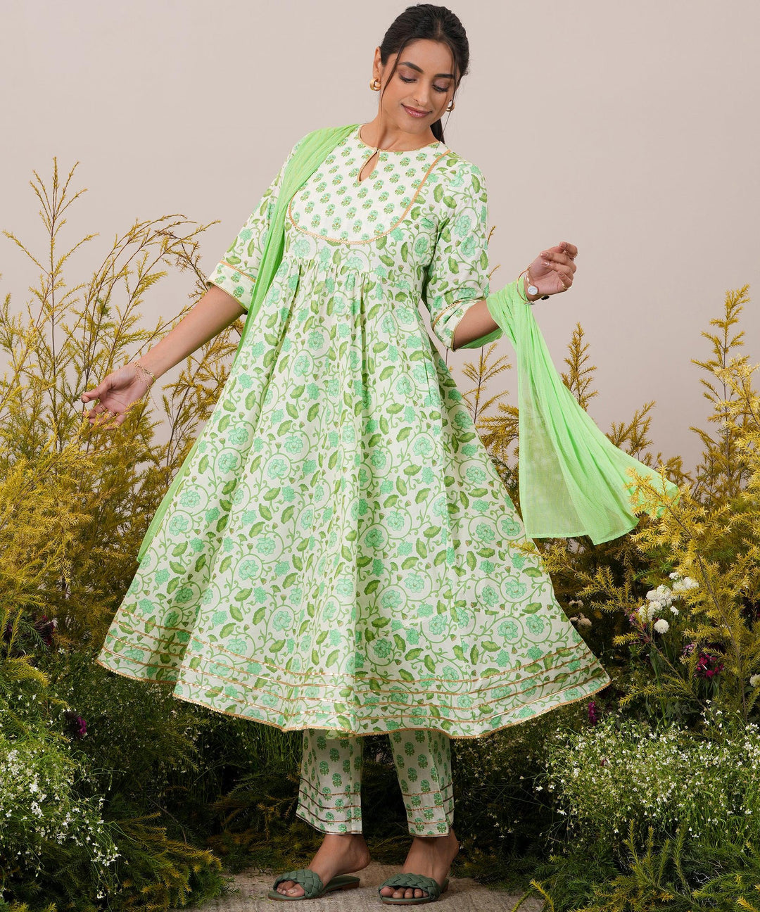 Green Yoke Design Cotton Anarkali Suit With Dupatta - Libas 