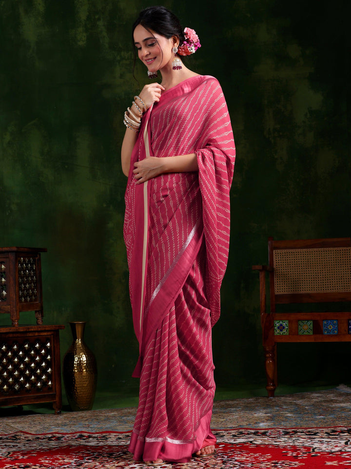 Coral Printed Satin Saree With Unstitched Blouse Piece - Libas