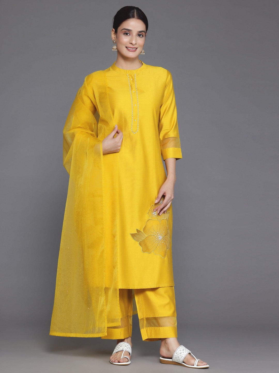 Yellow Solid Silk Blend Straight Suit With Dupatta - Libas