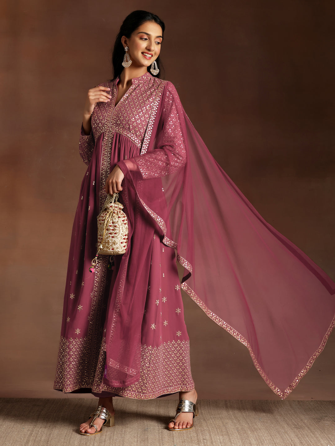  Libas Art Chandni Mauve Embroidered Georgette A-Line Kurta With Trousers & Dupatta 