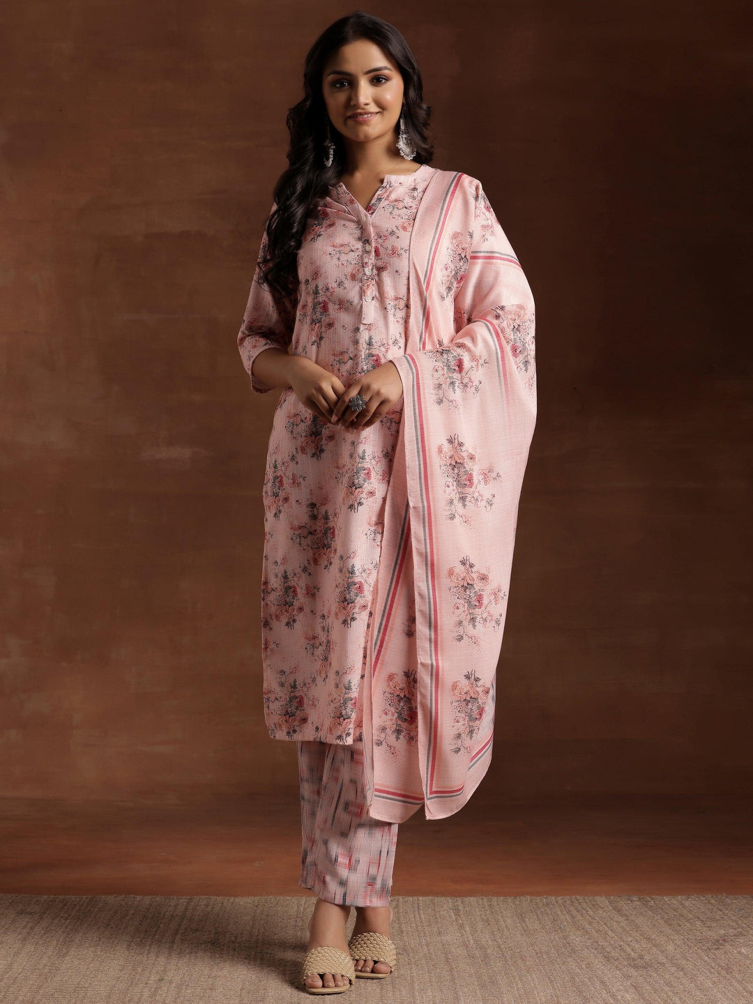 Peach Printed Cotton Straight Suit With Dupatta - Libas 