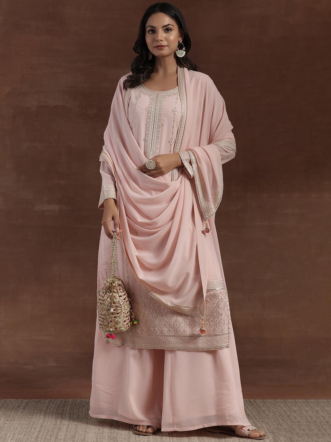 Peach Embroidered Georgette Straight Suit With Dupatta - Libas