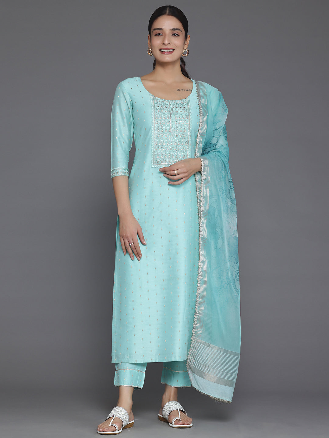  Turquoise Yoke Design Silk Blend Straight Suit With Dupatta 