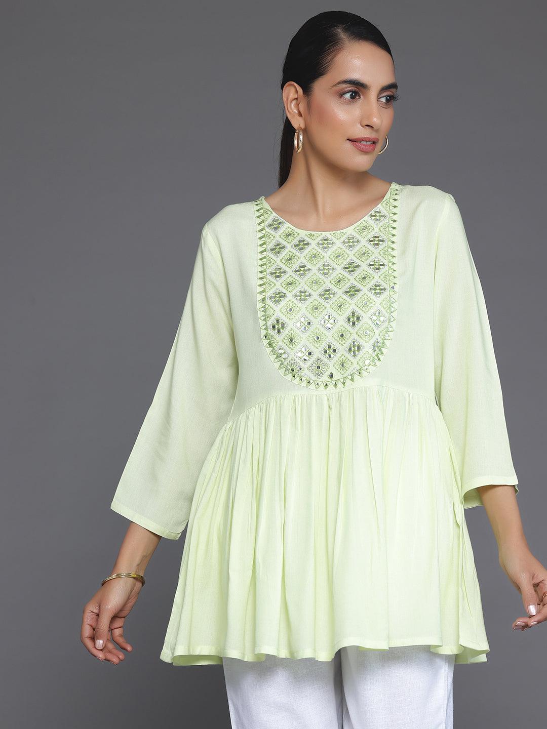 Green Embroidered Rayon A-Line Kurti - Libas