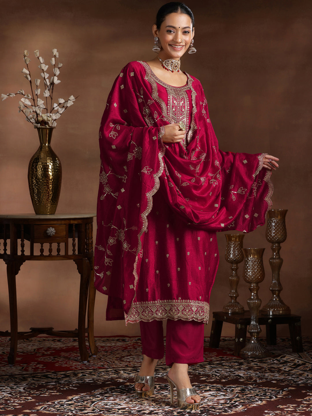  Red Embroidered Silk Blend Straight Suit With Dupatta 