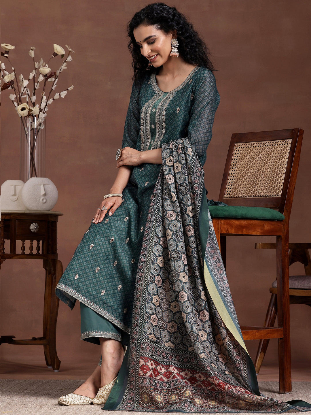 Teal Printed Silk Blend Straight Suit With Dupatta - Libas 