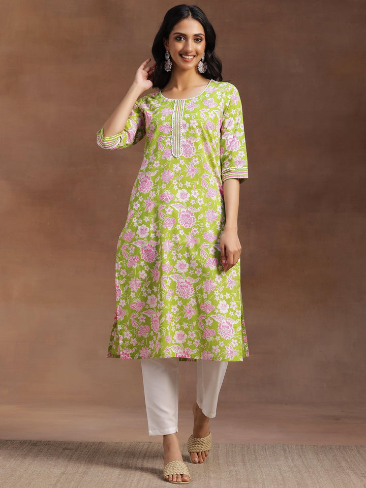 Green Printed Cotton Straight Kurta - Libas