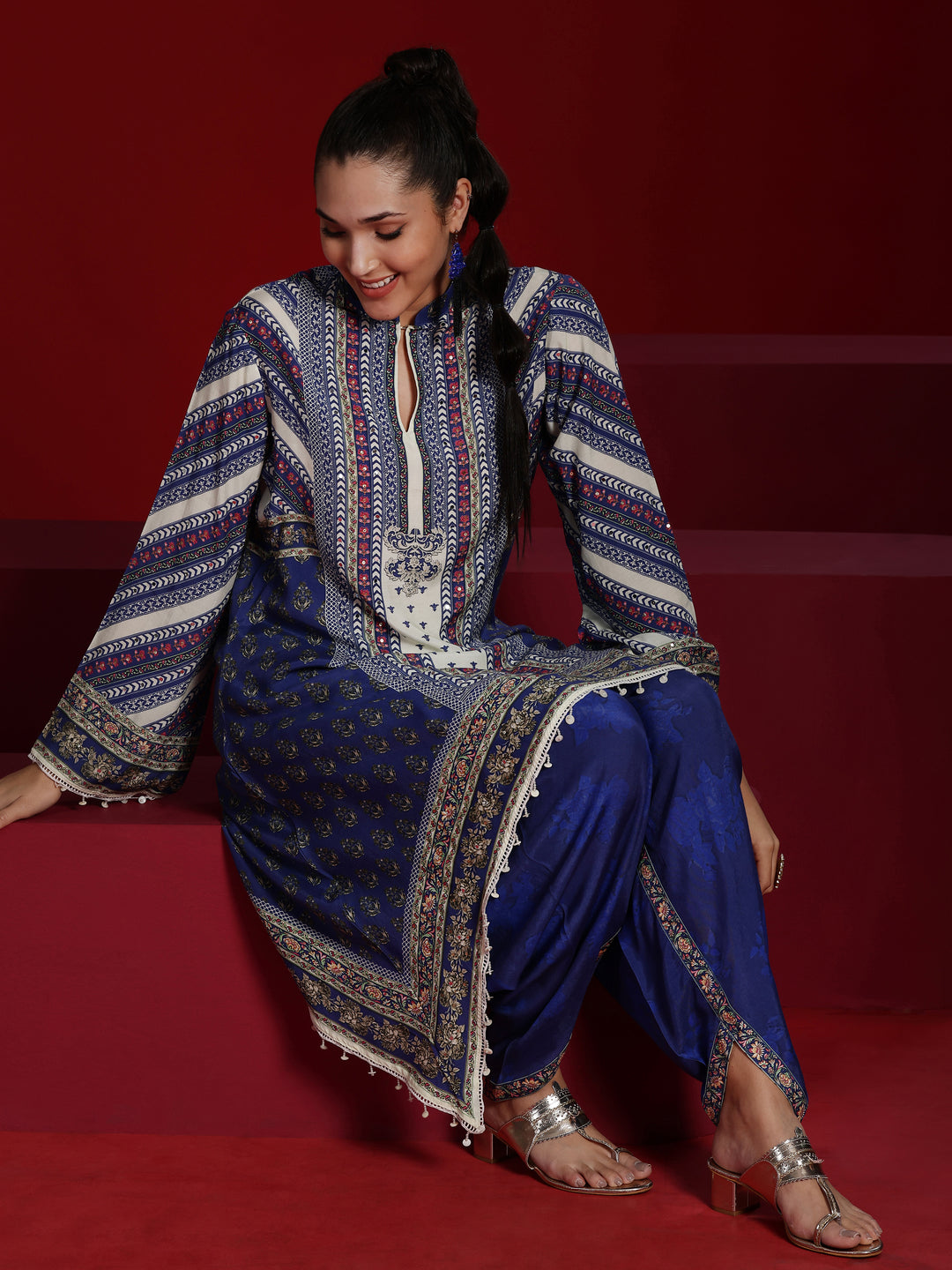 Libas Art Blue Printed Silk Blend Straight Kurta With Dhoti Pants