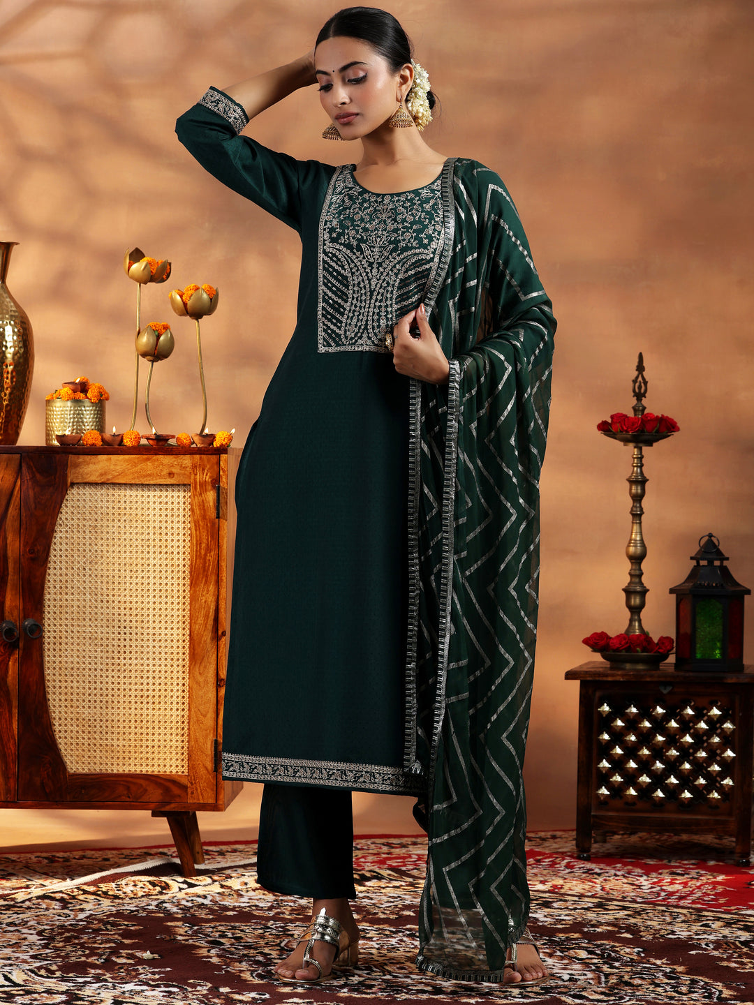  Green Embroidered Silk Blend A-Line Kurta With Trousers & Dupatta 