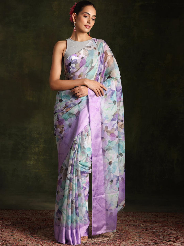 Lavender Printed Silk Blend Saree With Unstitched Blouse Piece - Libas