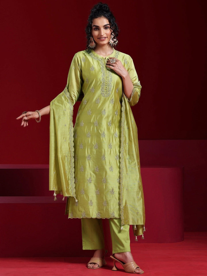 Libas Art Green Embroidered Chanderi Silk Straight Suit With Dupatta - Libas