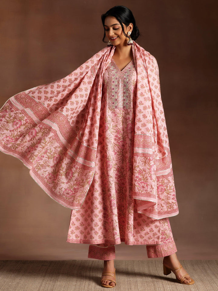 Mariyam Pink Printed Cotton A-Line Kurta With Palazzos & Dupatta - Libas