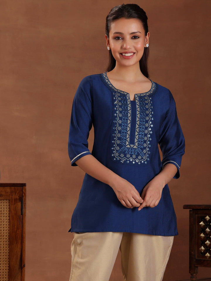 Blue Embroidered Silk Blend Straight Kurti - Libas