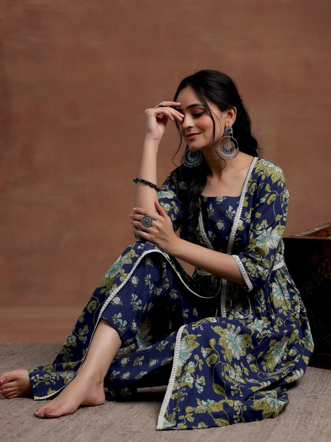 Blue Printed Cotton A-Line Kurta With Trousers - Libas 