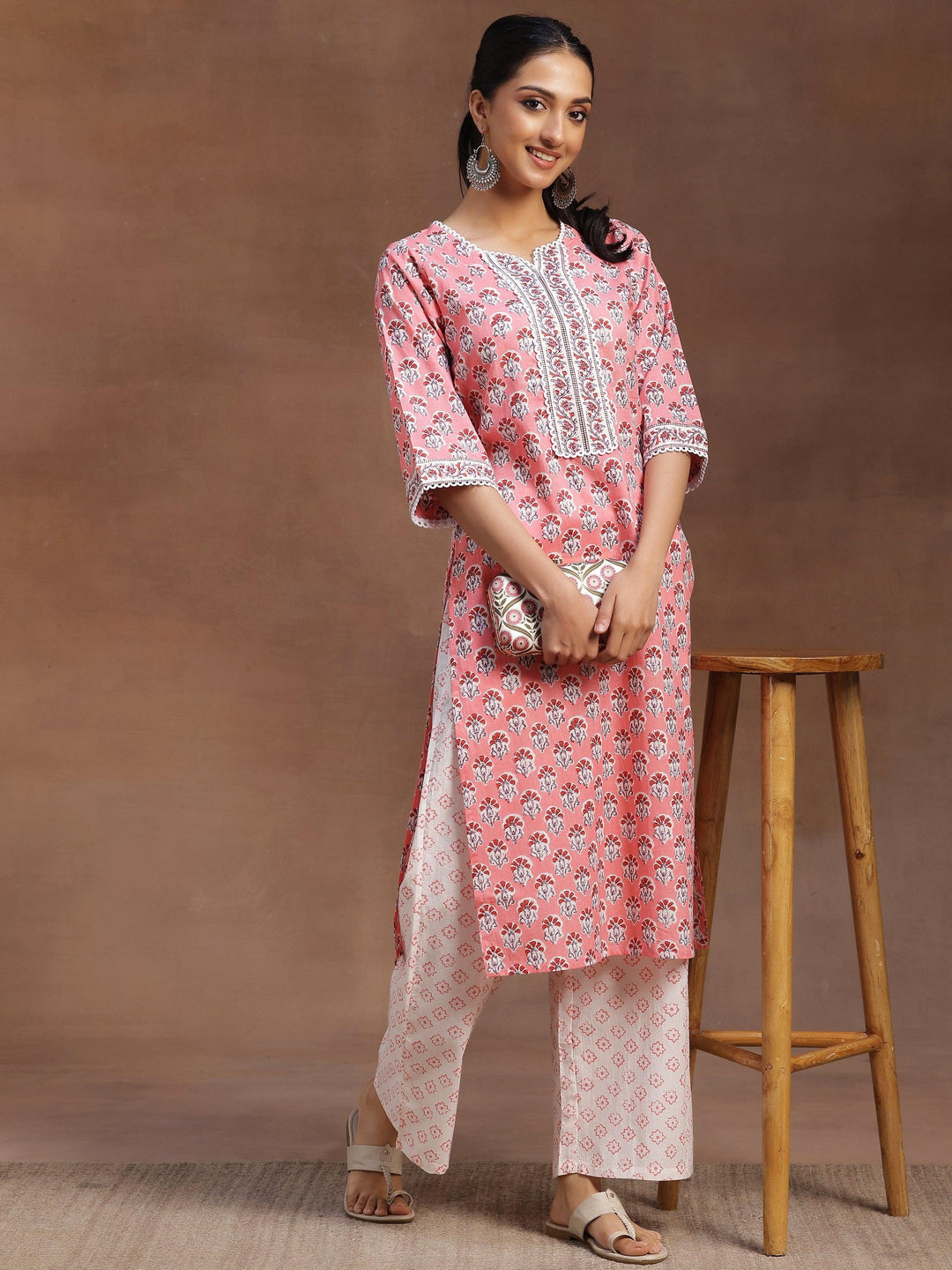 Peach Printed Cotton Straight Kurta With Palazzos - Libas 