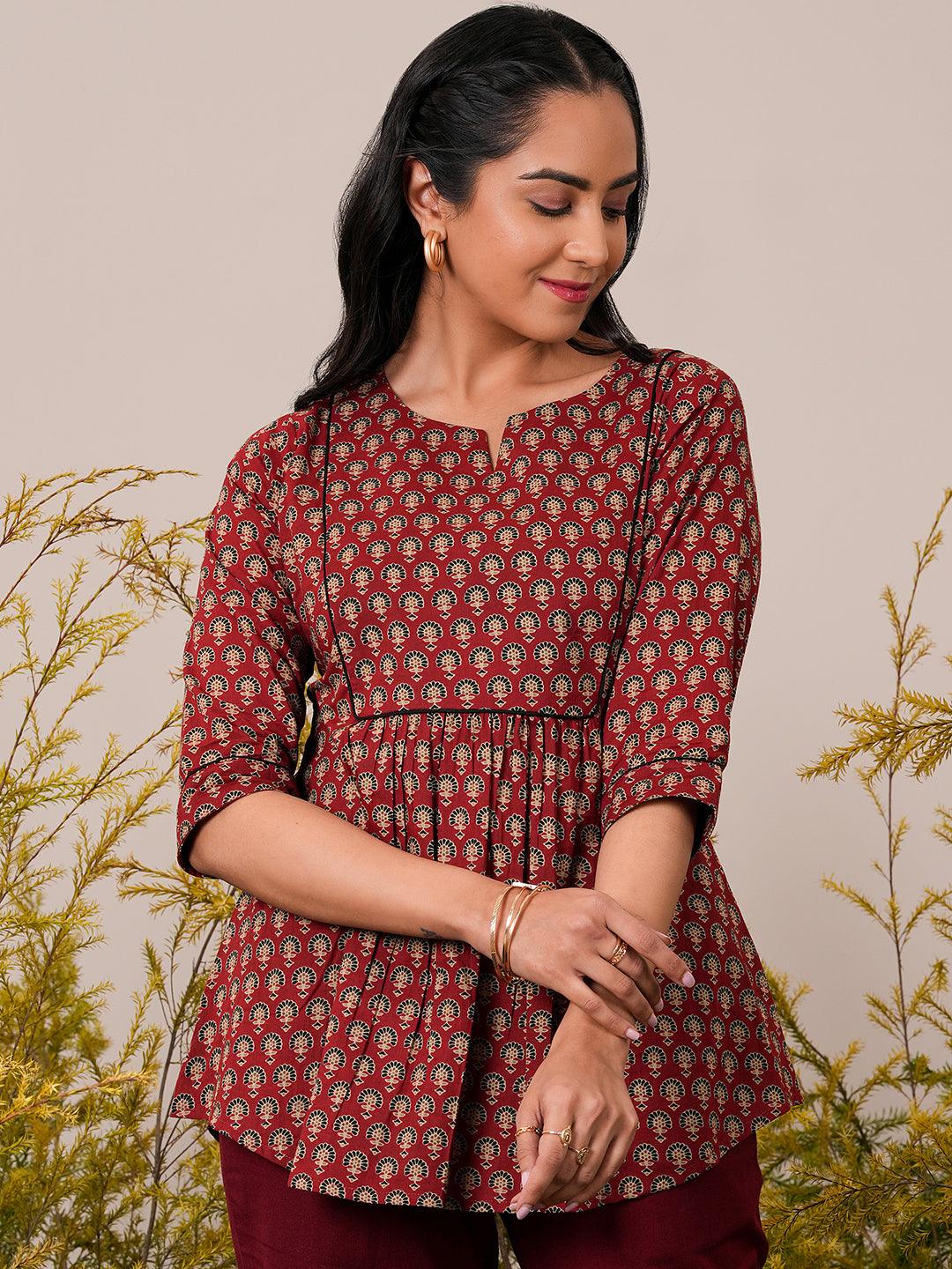 Maroon Printed Cotton A-Line Kurti - Libas 