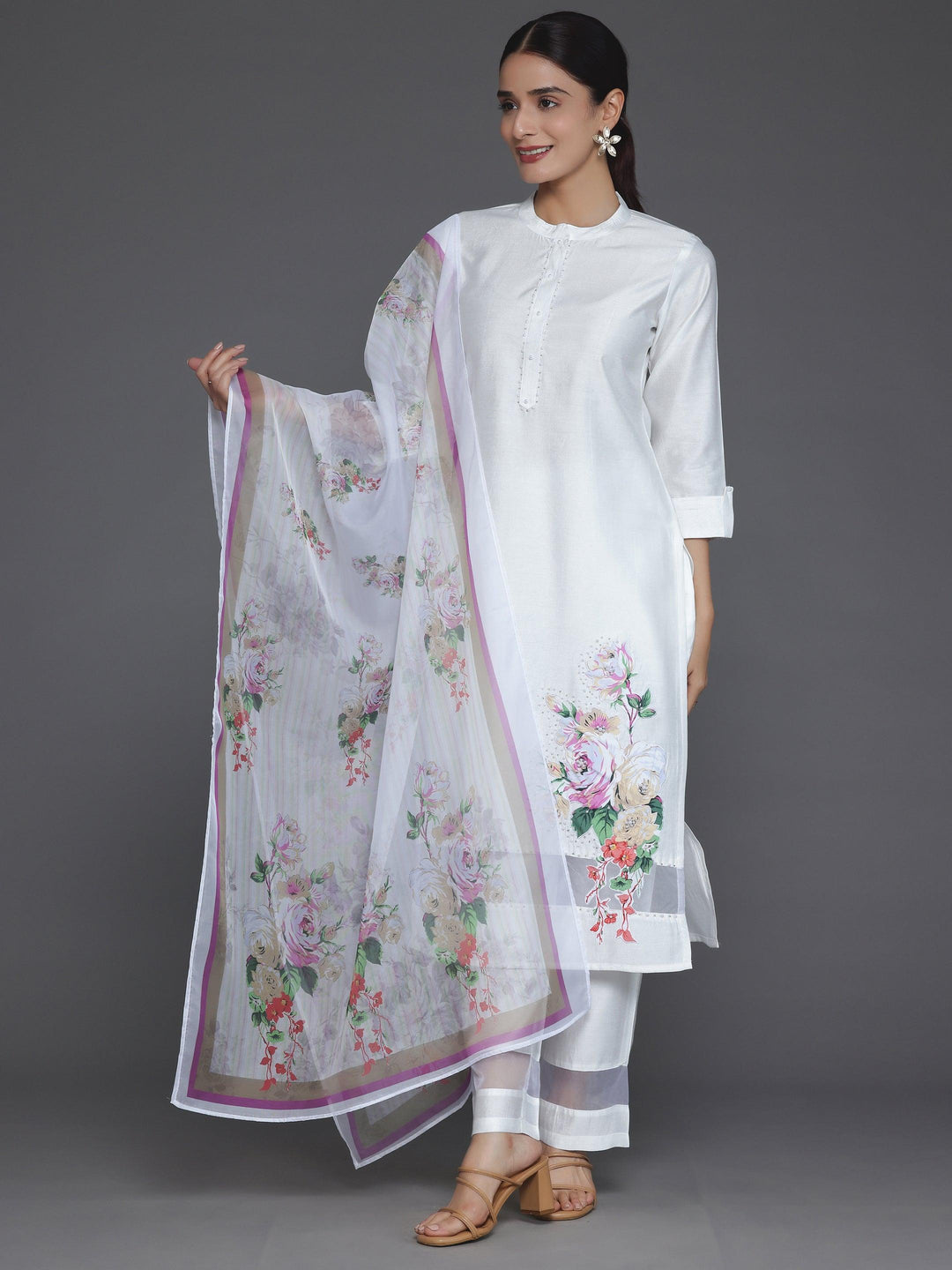 Off White Self Design Silk Blend Straight Suit With Dupatta - Libas